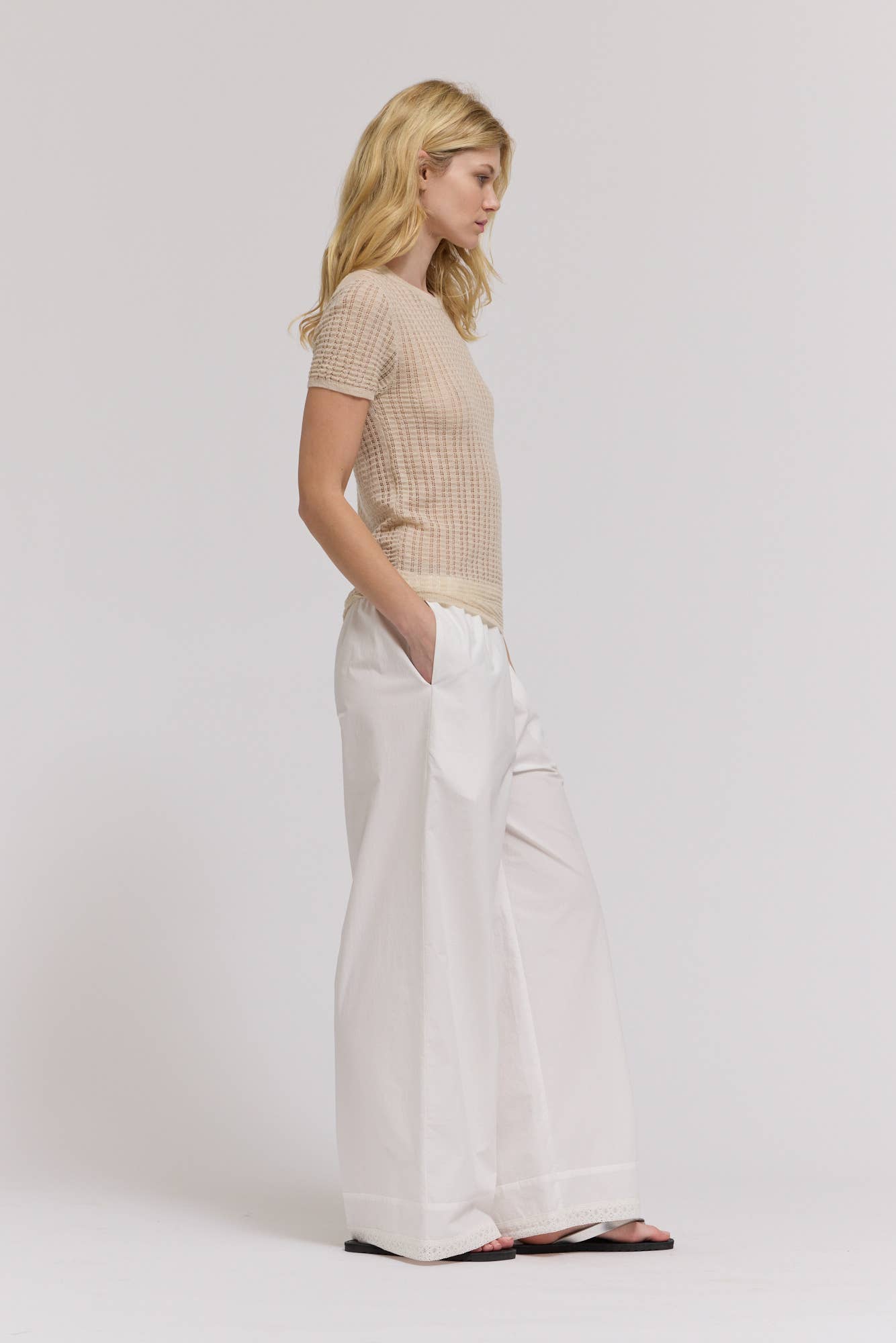 Beige Sheer Pointelle Knit Short Sleeve Top