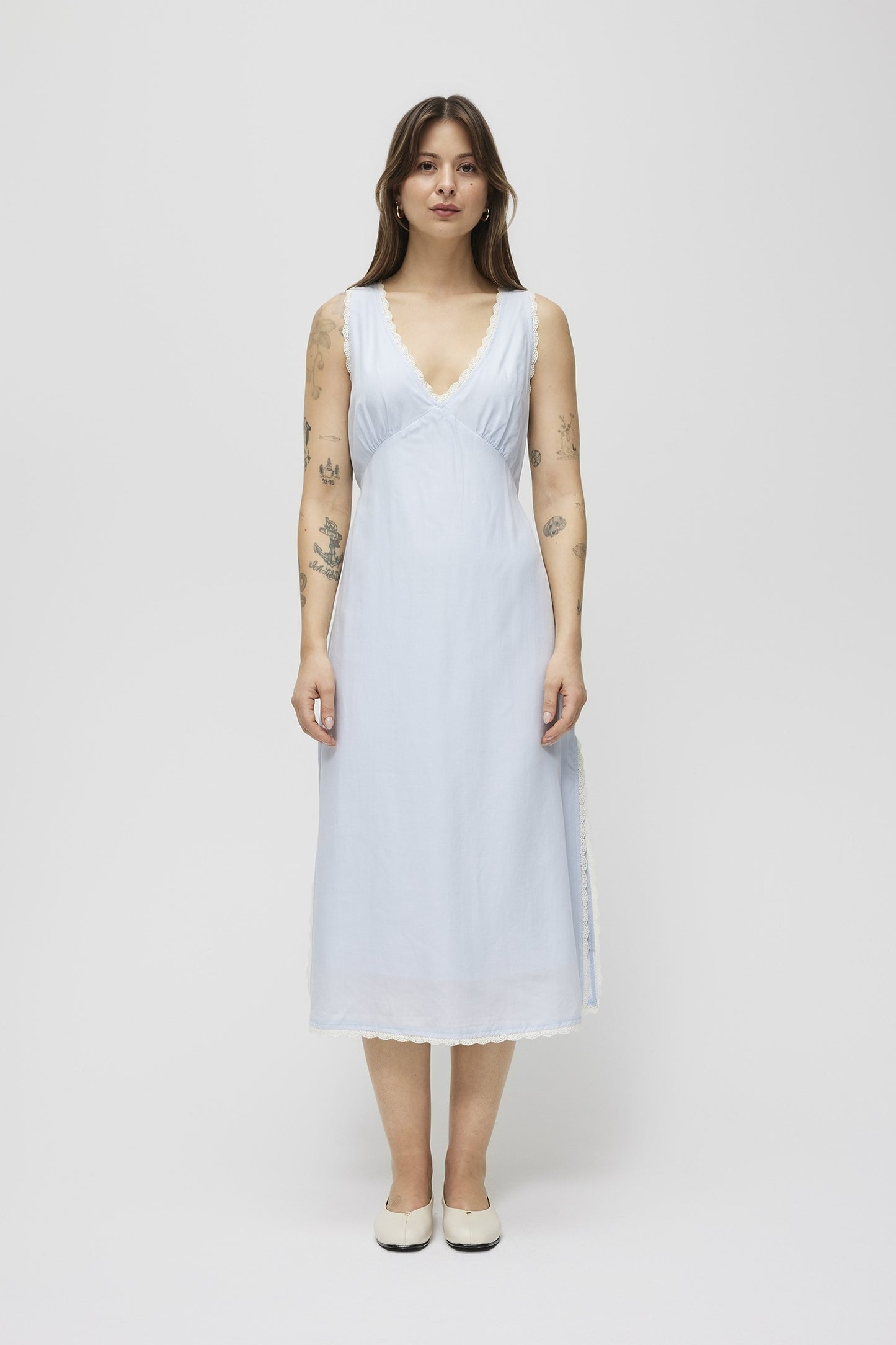 Light Blue Lace Trim Midi Dress