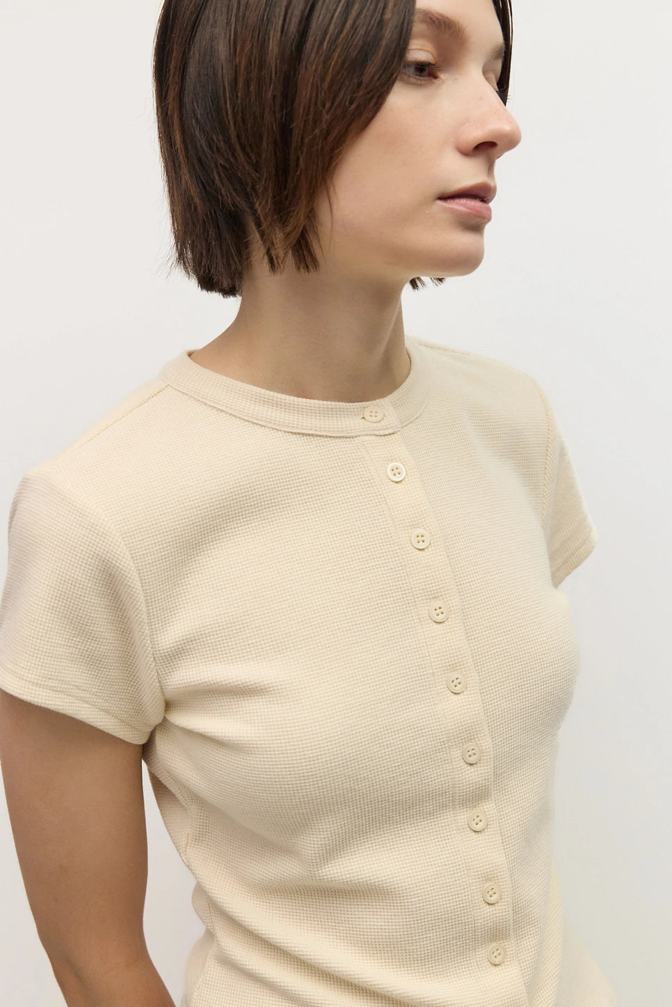 Waffle Knit Button Front Short Sleeve Top
