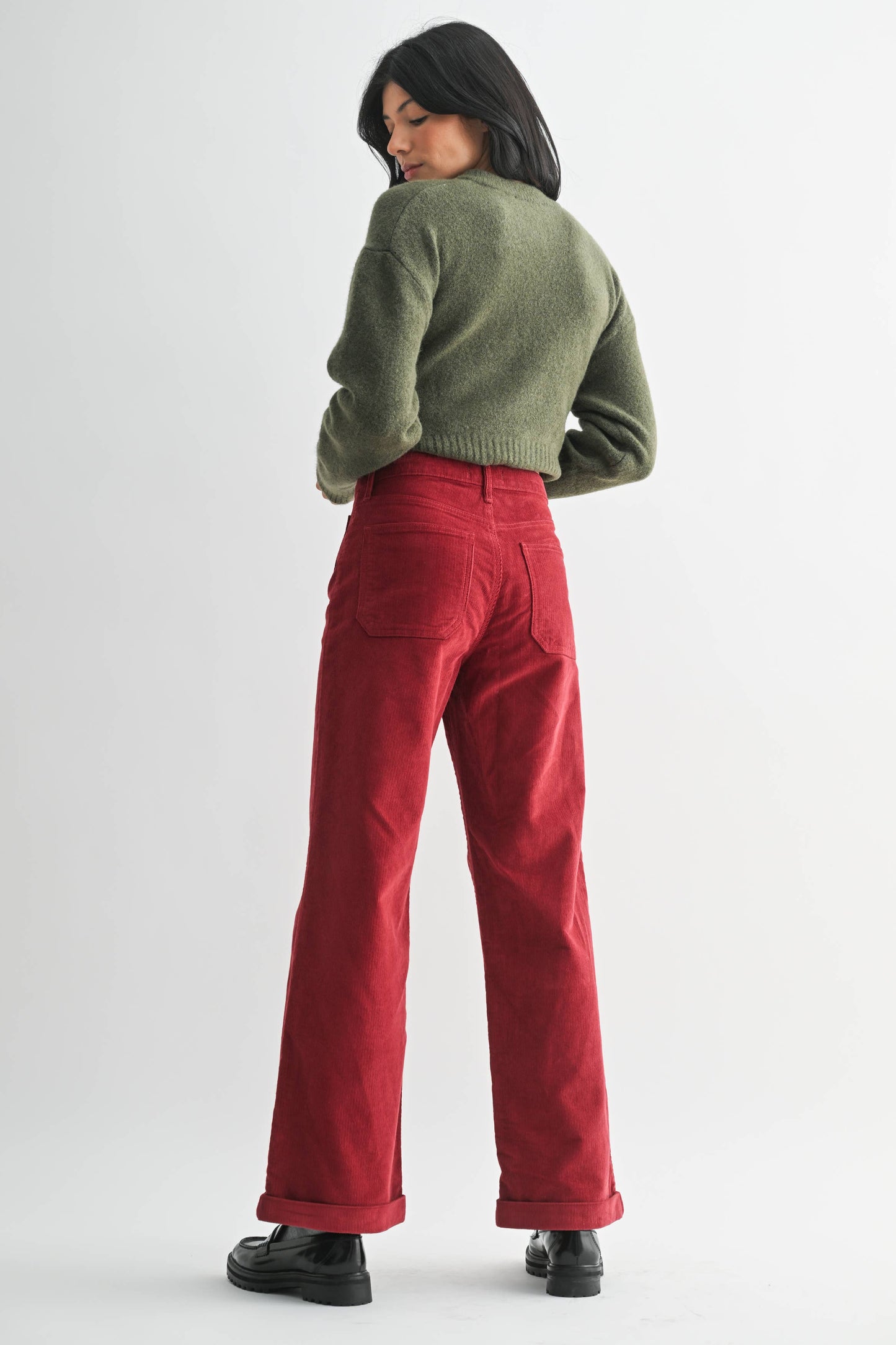 Dark Red Corduroy Patch Pocket Wide Leg Pant