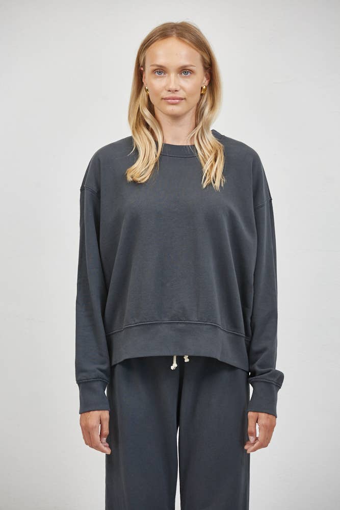 Washed Black Crew Neck Long Sleeve Top