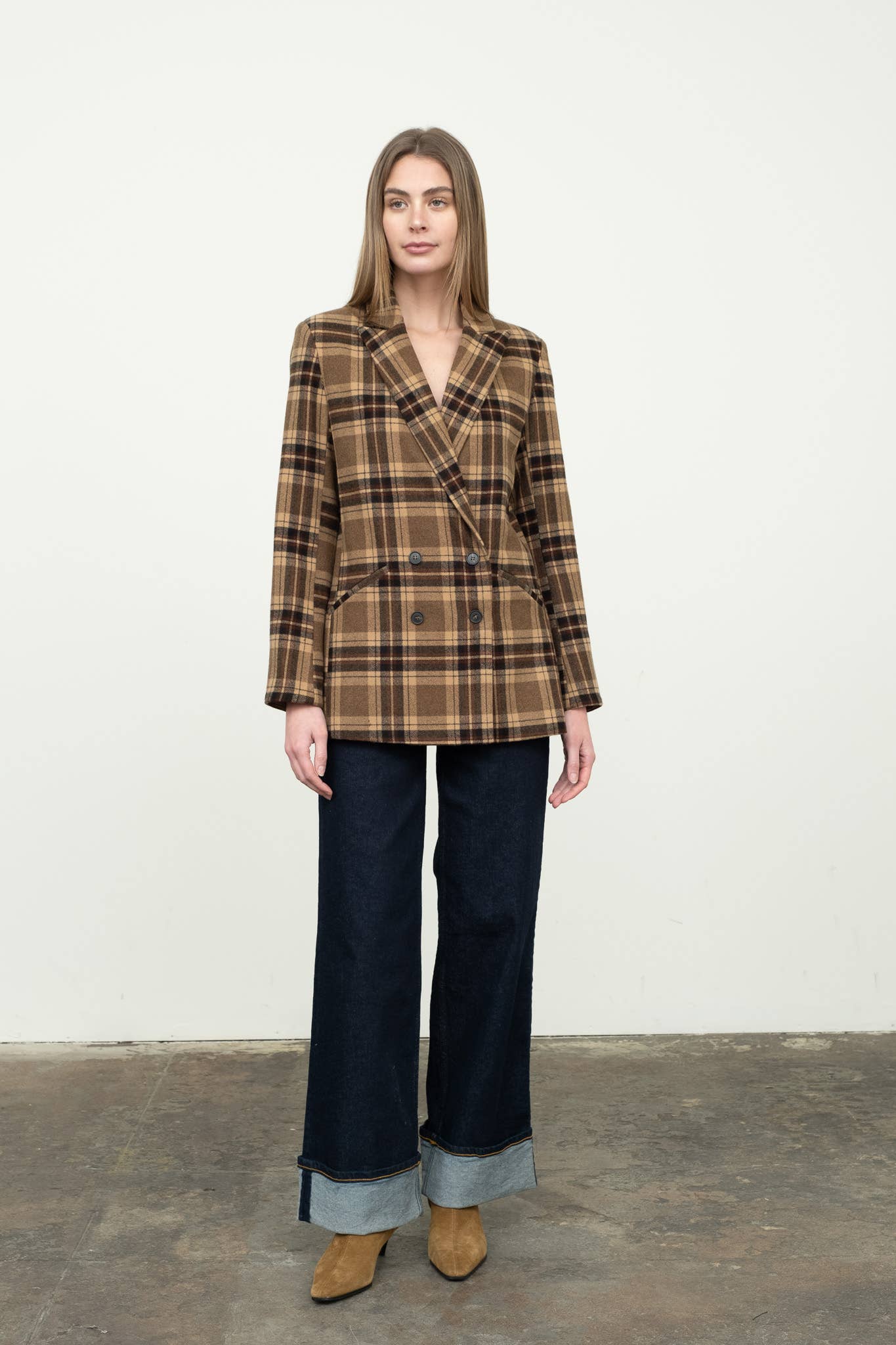 Plaid Mid-Length Button Front Blazer