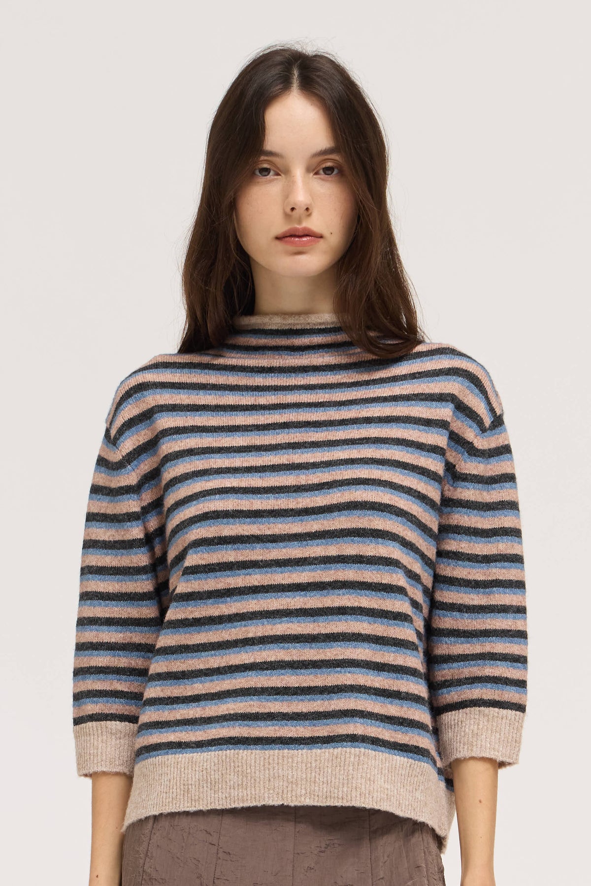 Striped Mock Neck Quarter Sleeve Sweater