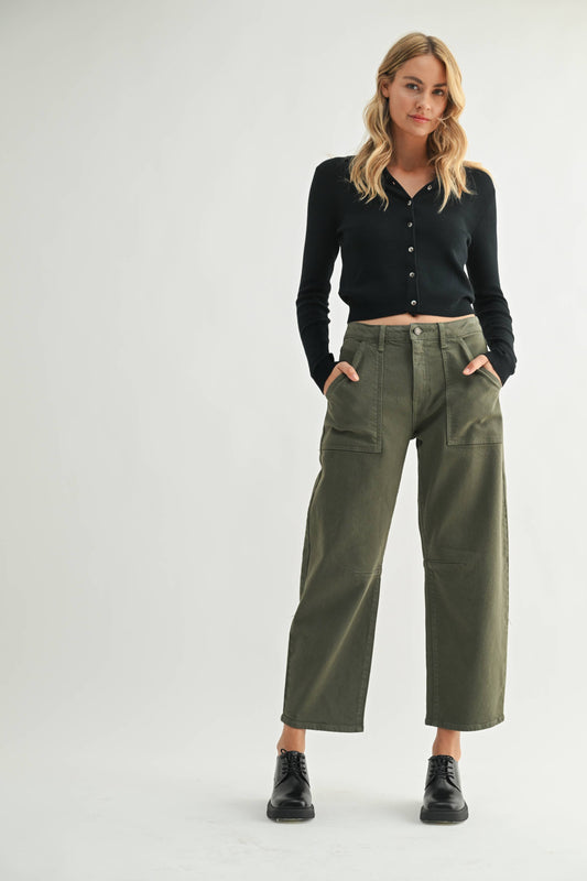 Dark Olive Mid Rise Utility Seamed Barrel Jean