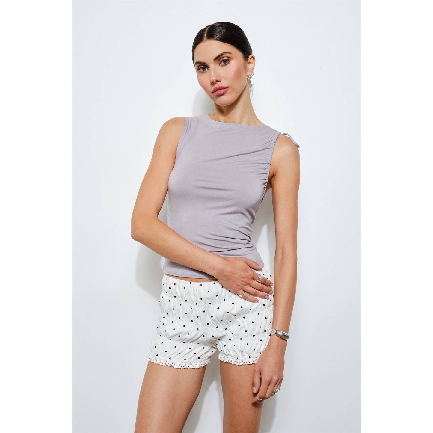 Brown Ruched Tie Shoulder Top