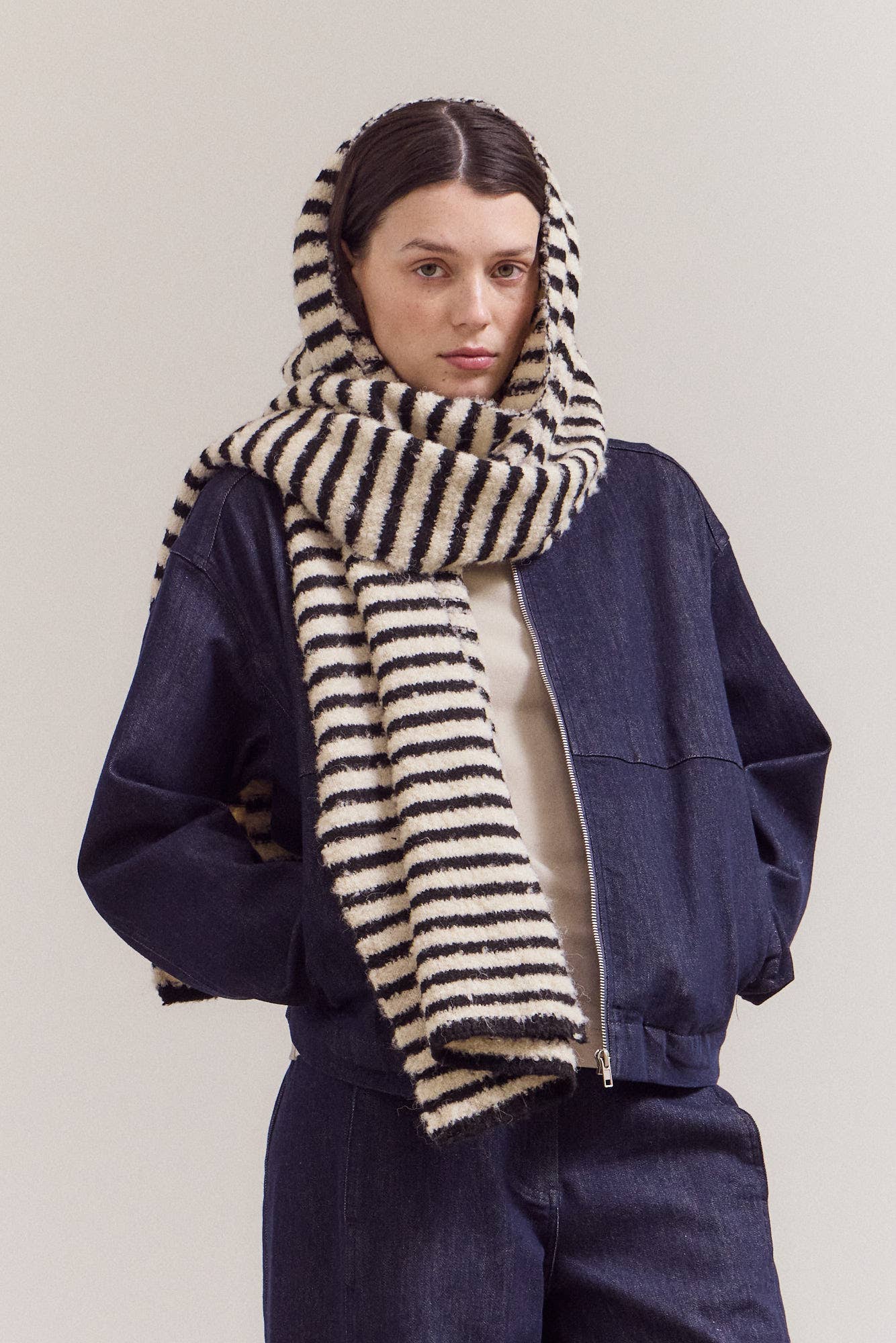 Striped Knit Scarf: Black/Ivory + Tan/Ivory
