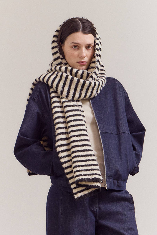 Striped Knit Scarf: Black/Ivory + Tan/Ivory