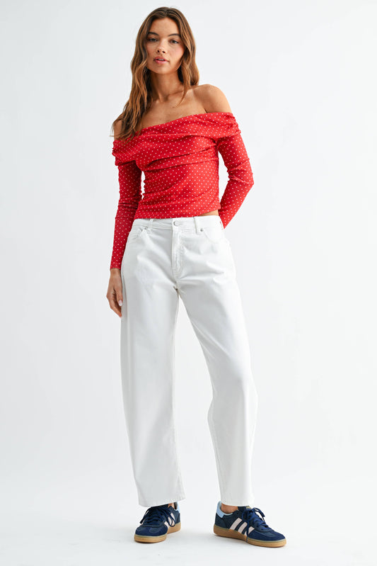 White Stretch Twill Comfort Barrel Jean