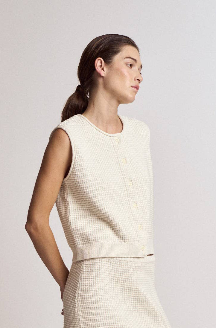 Cream Textured Cotton Knit Vest