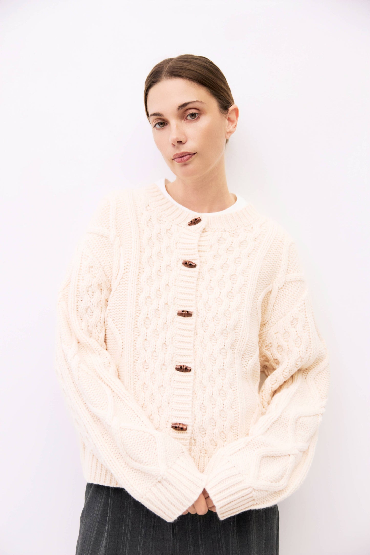 Cable Knit Wooden Toggle Cardigan Sweater