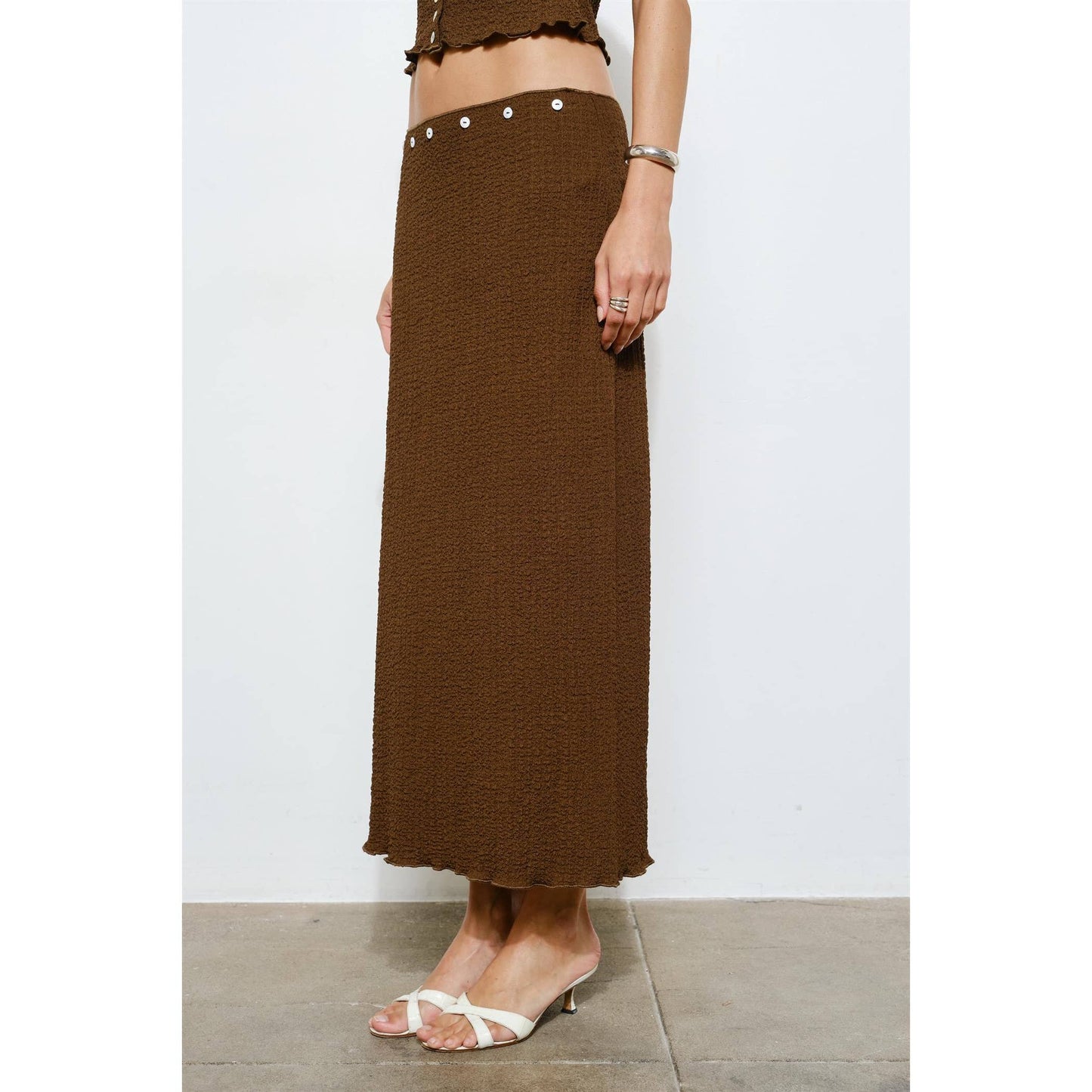 Brown Crinkle Textured Button Detail Skirt