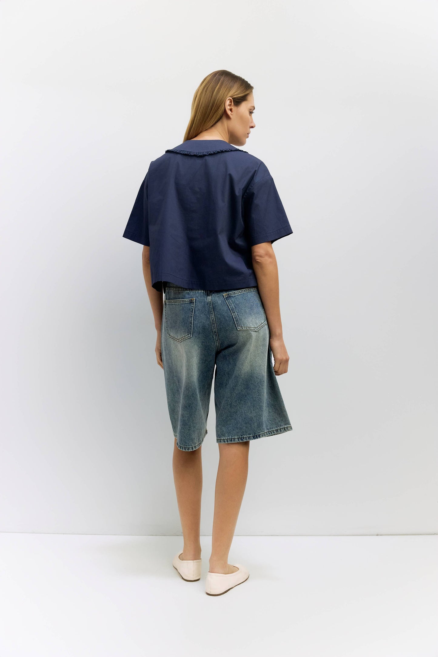 Poplin Lace Trim V Neck Boxy Top