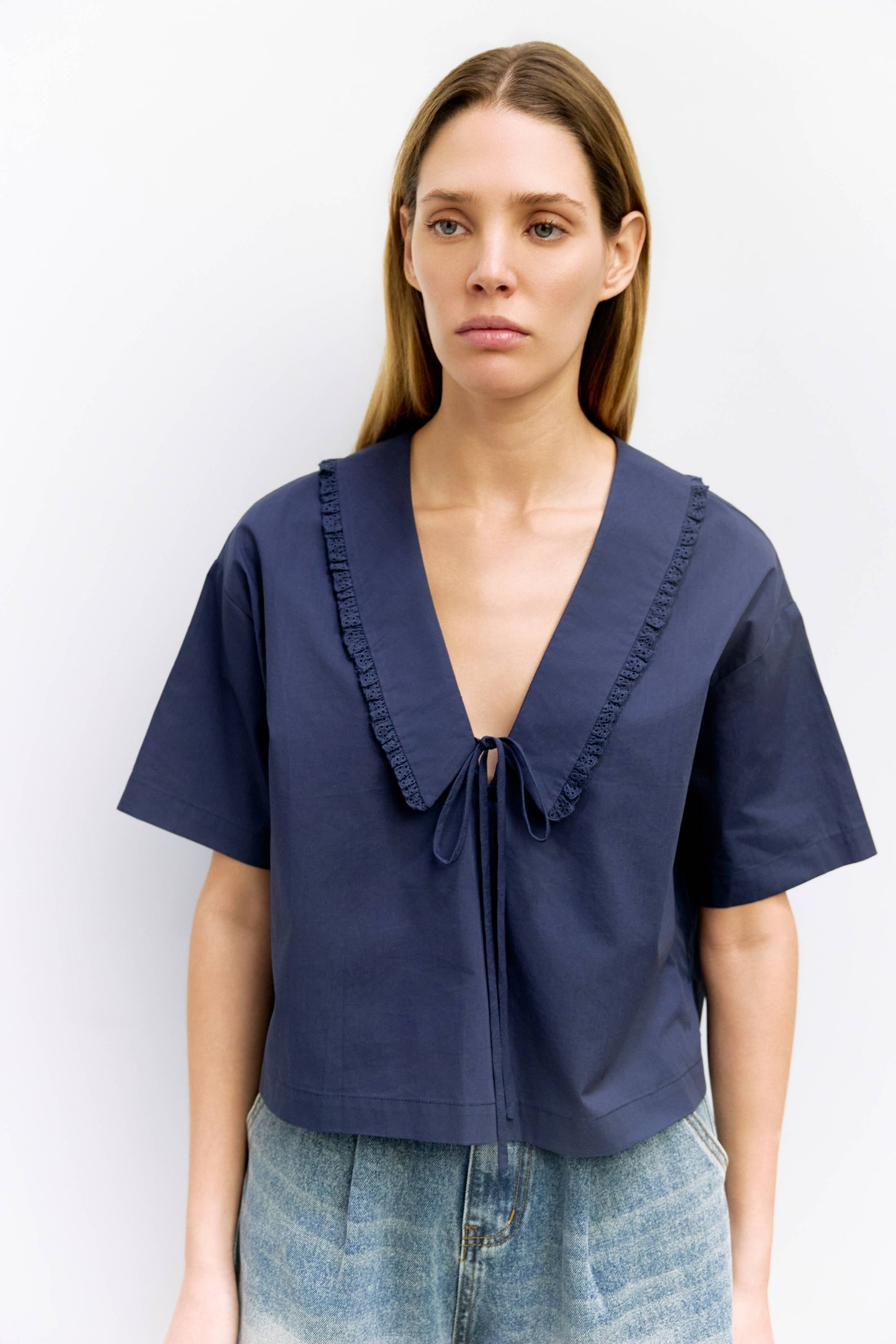 Poplin Lace Trim V Neck Boxy Top