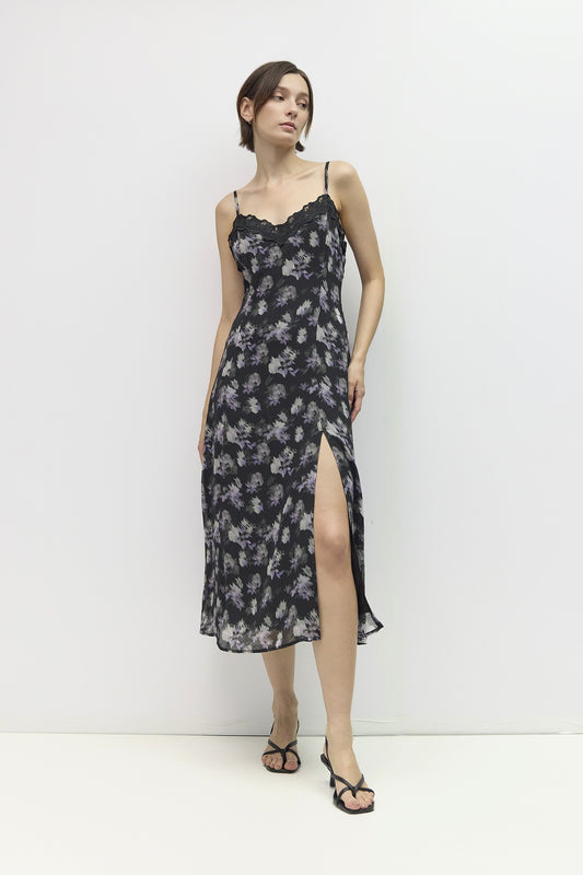 Black Purple Floral Midi Dress