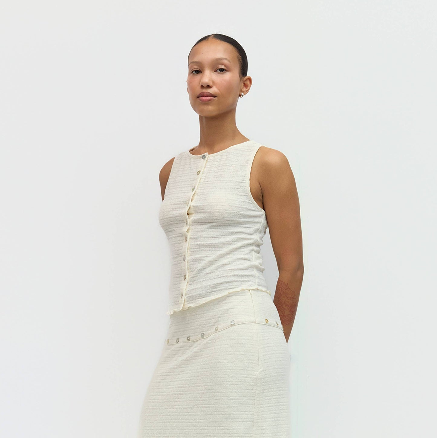Ivory Textured Knit Mixed Button Top