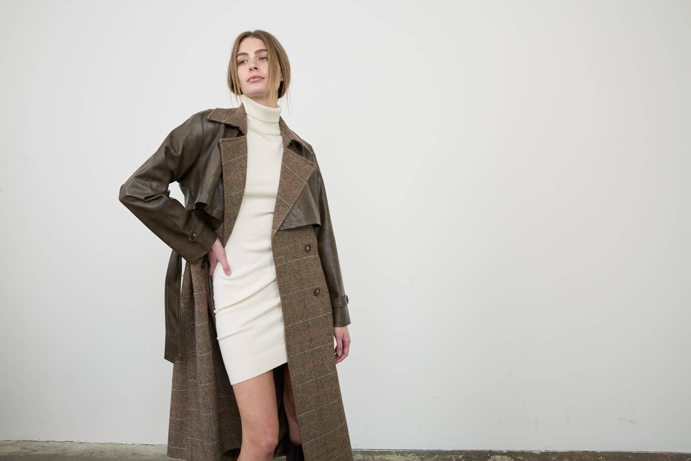 Faux Leather Plaid Maxi Trench Coat