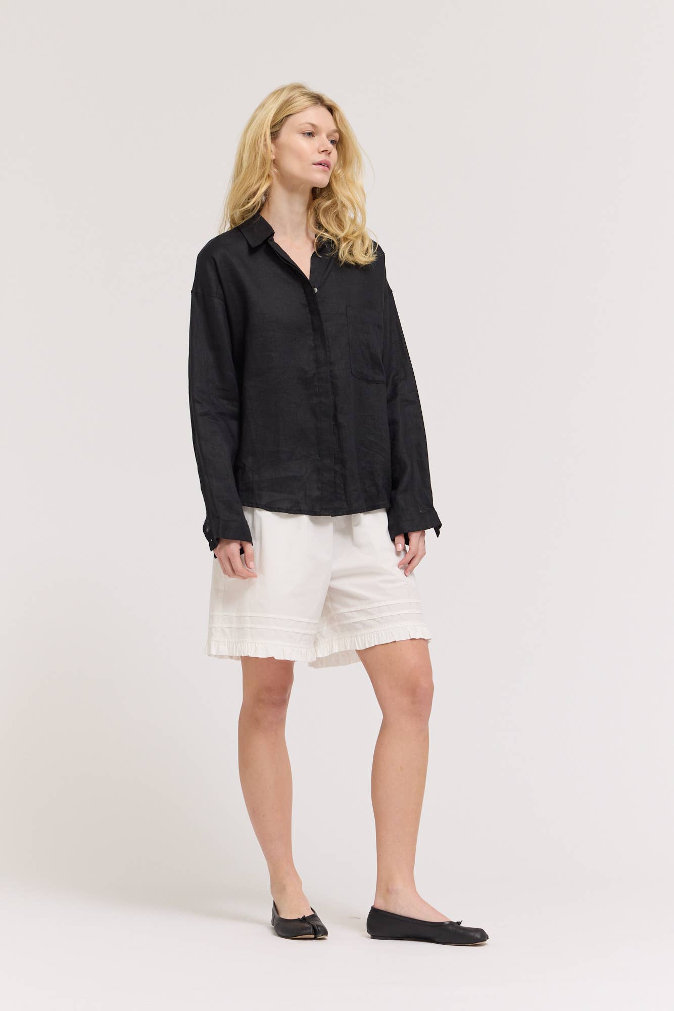 Open Collar Linen  Button-Up Shirt