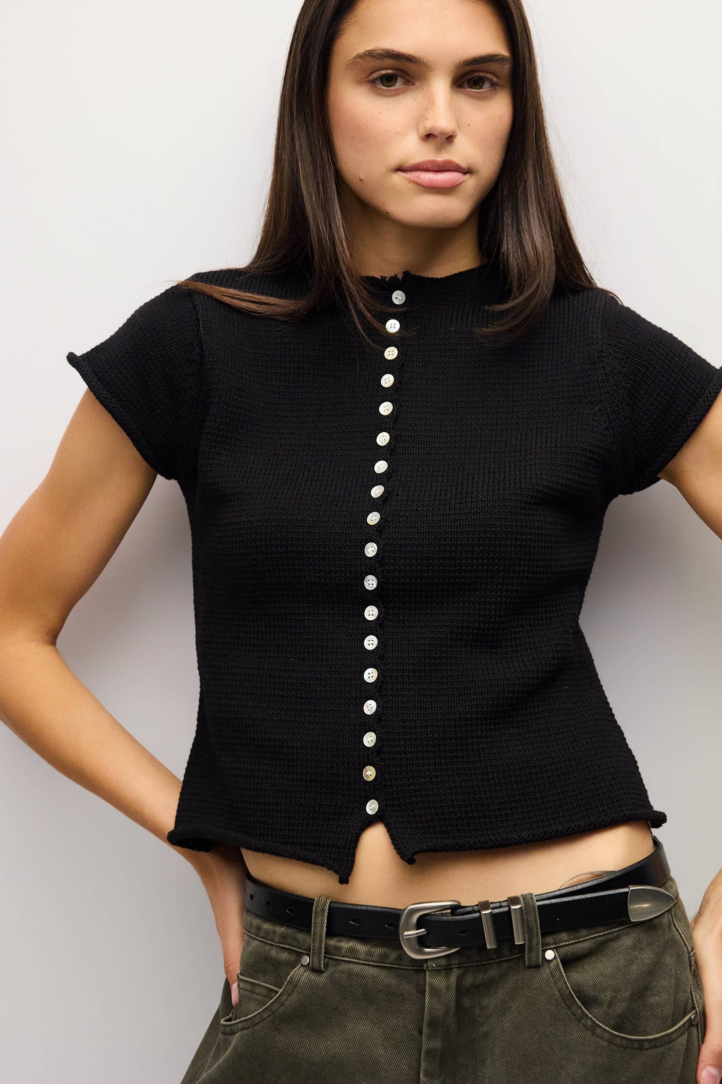 Rolled Edge Cotton Knit Button Top
