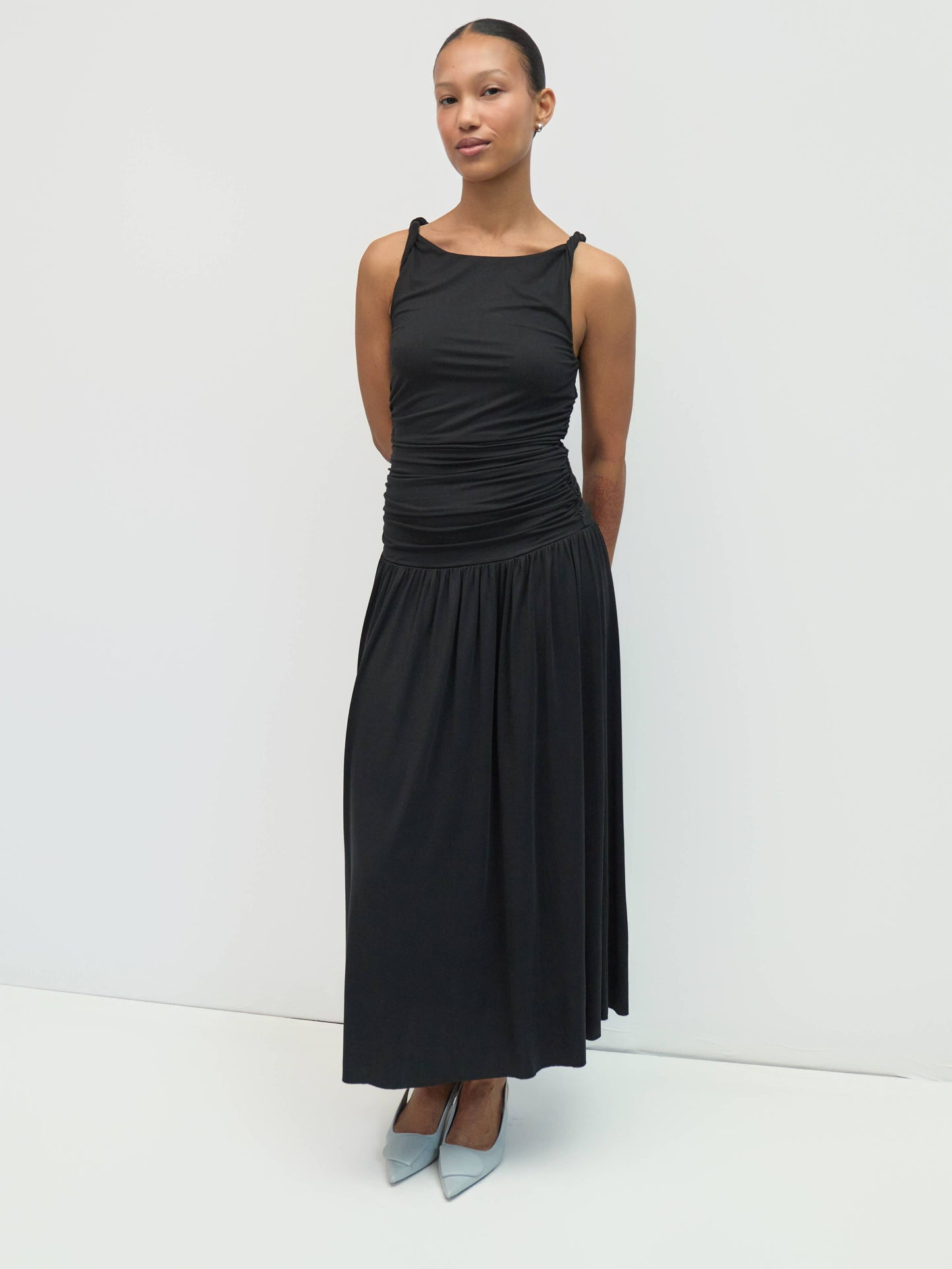 Black Twist Strap Ruched Waist Midi Dress
