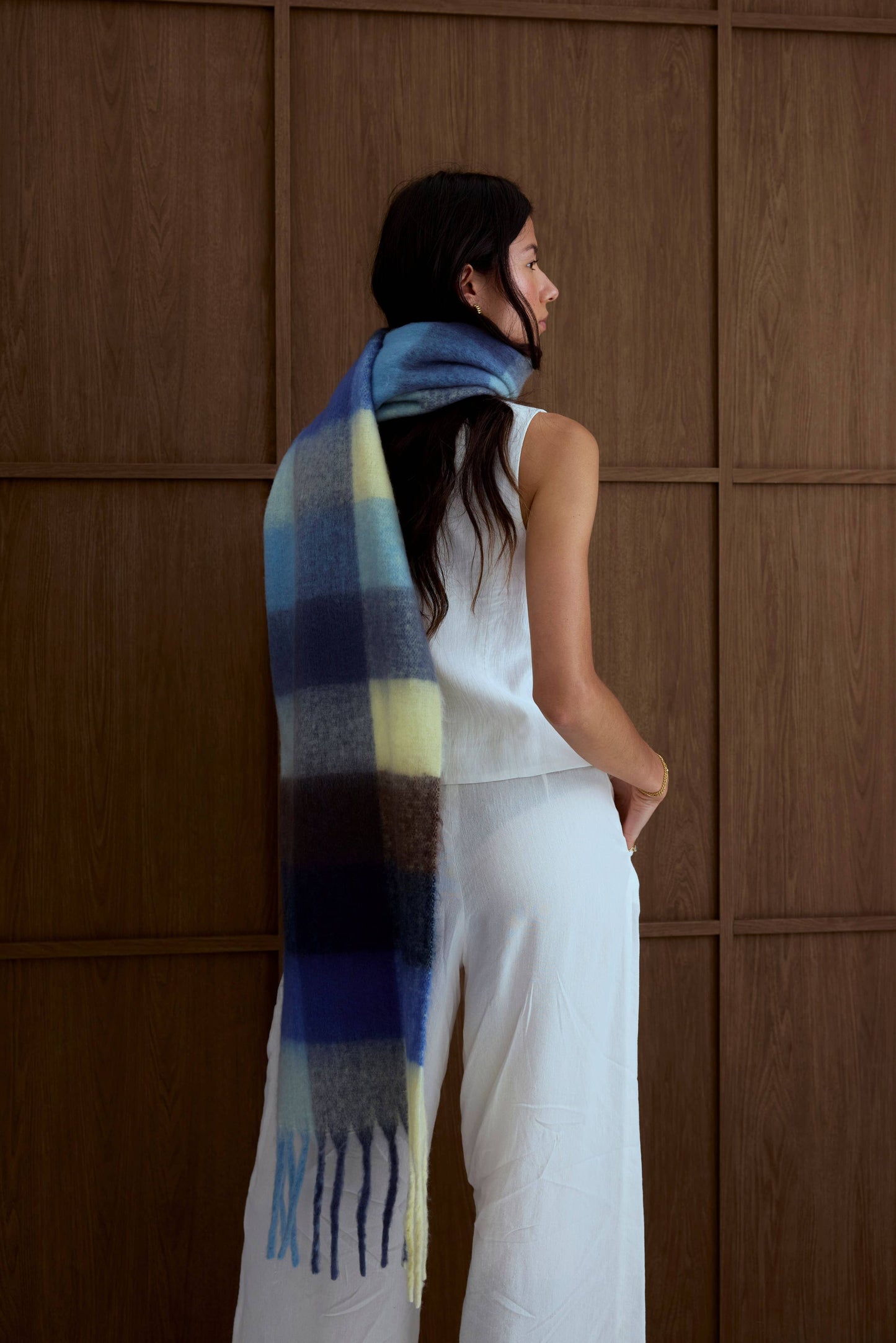Blue Yellow Brushed Plaid Oversized Scarf