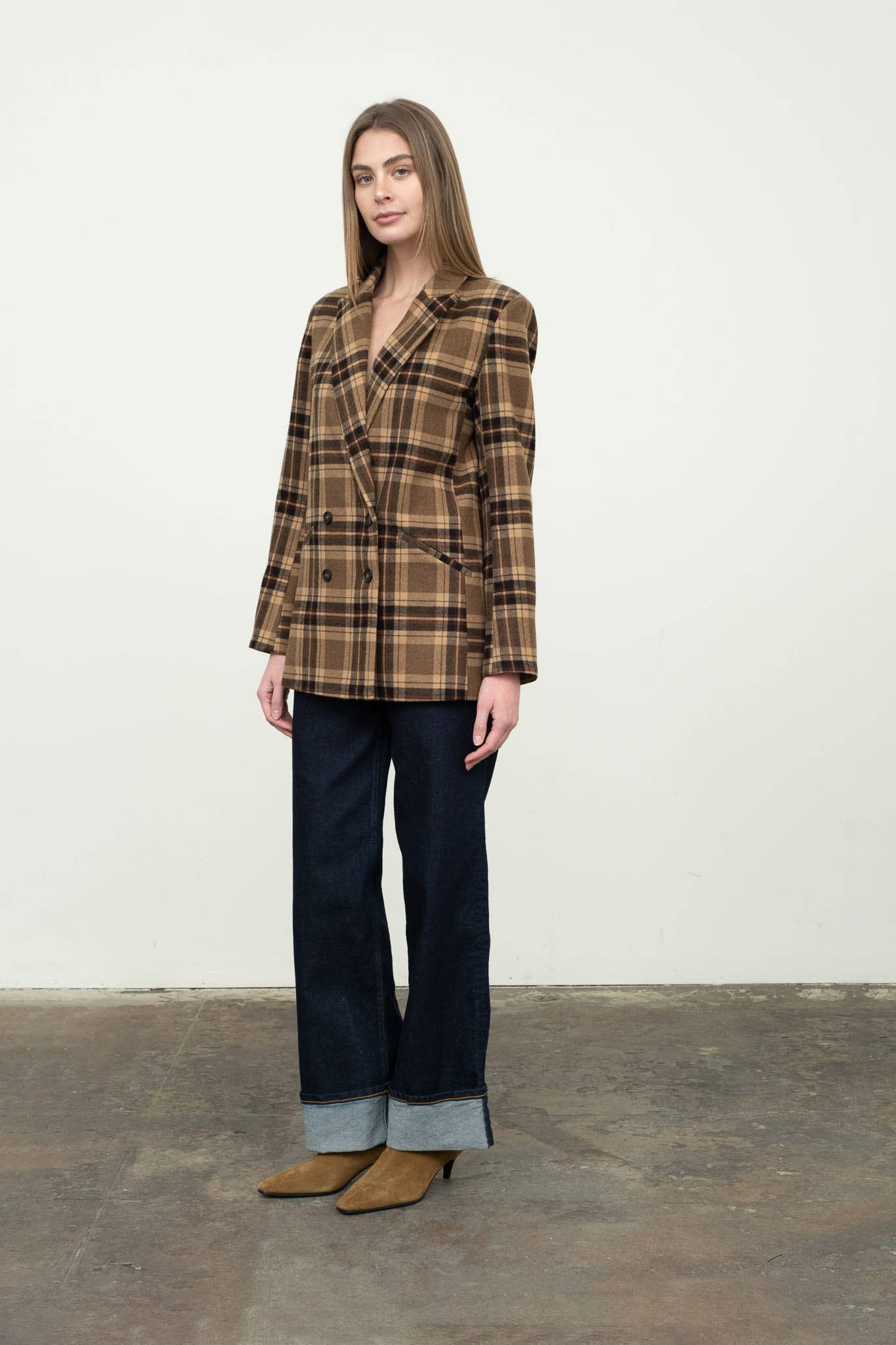 Plaid Mid-Length Button Front Blazer