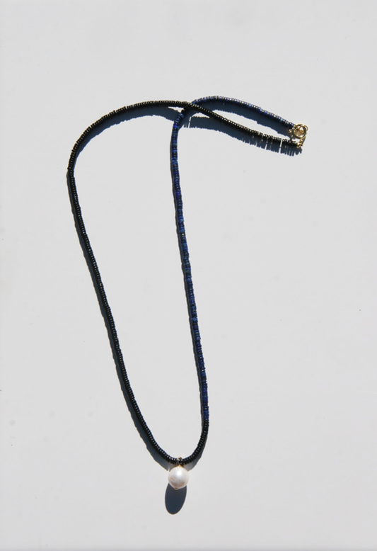 Onyx, Lapis & Pearl Beaded Necklace