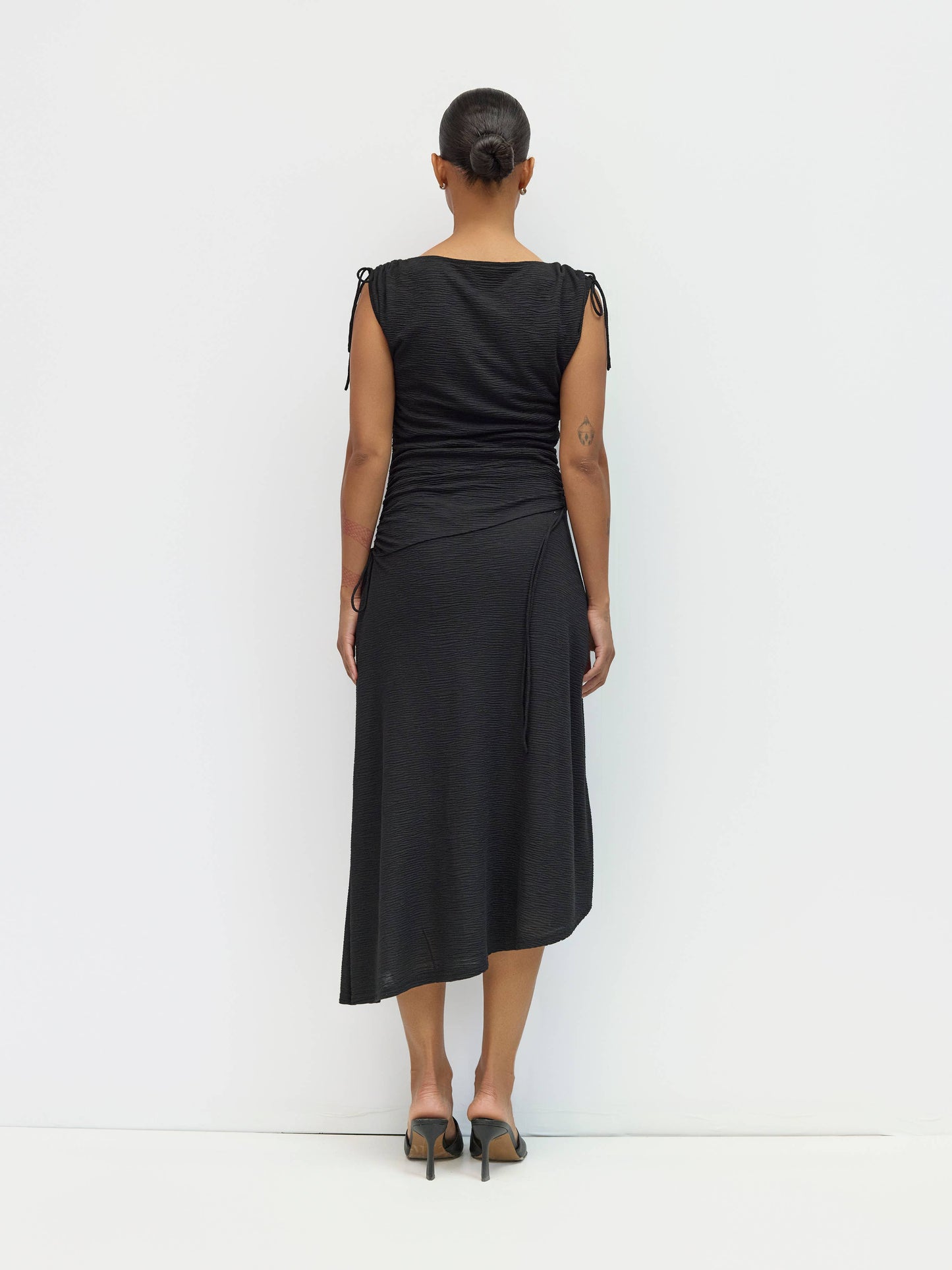 Black Asymmetrical Textured Crinkle Midi Dress