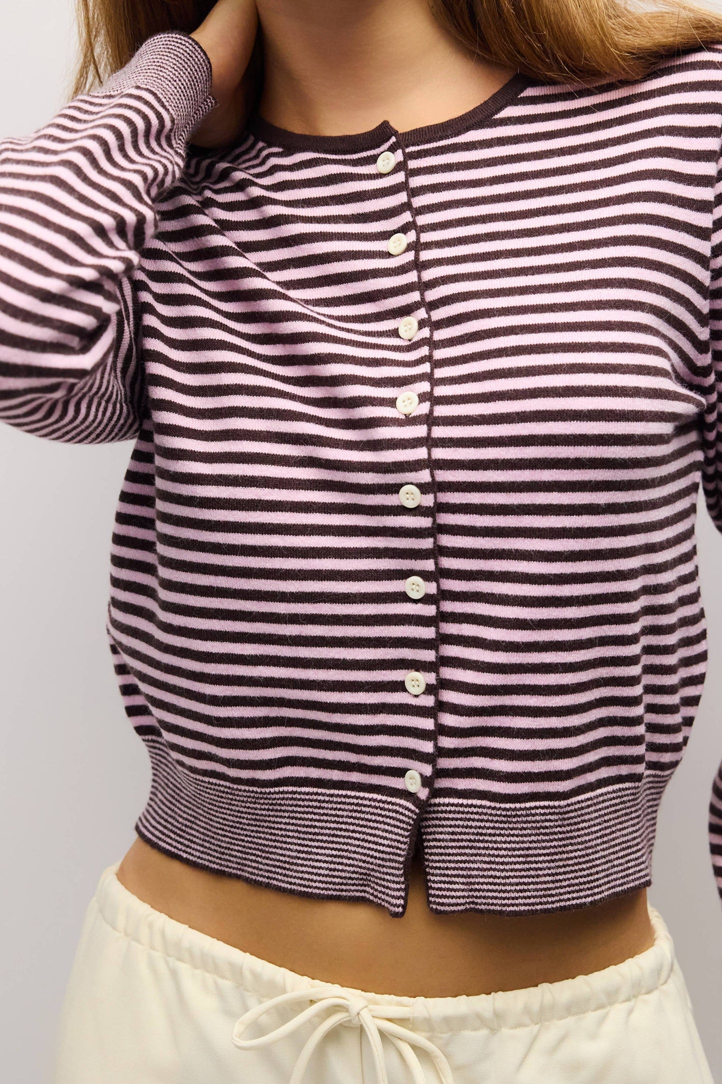 Striped Button Down Round Neck Cardigan