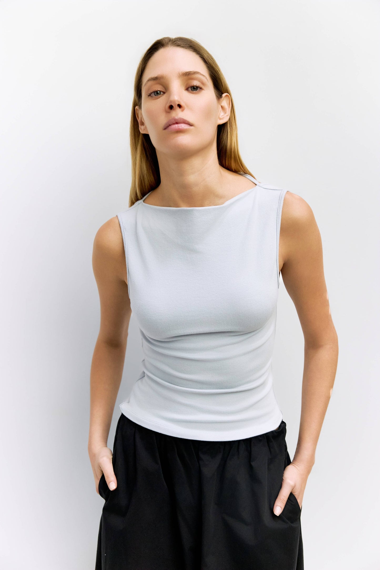 Light Blue Cowl Neck Knit Tank Top
