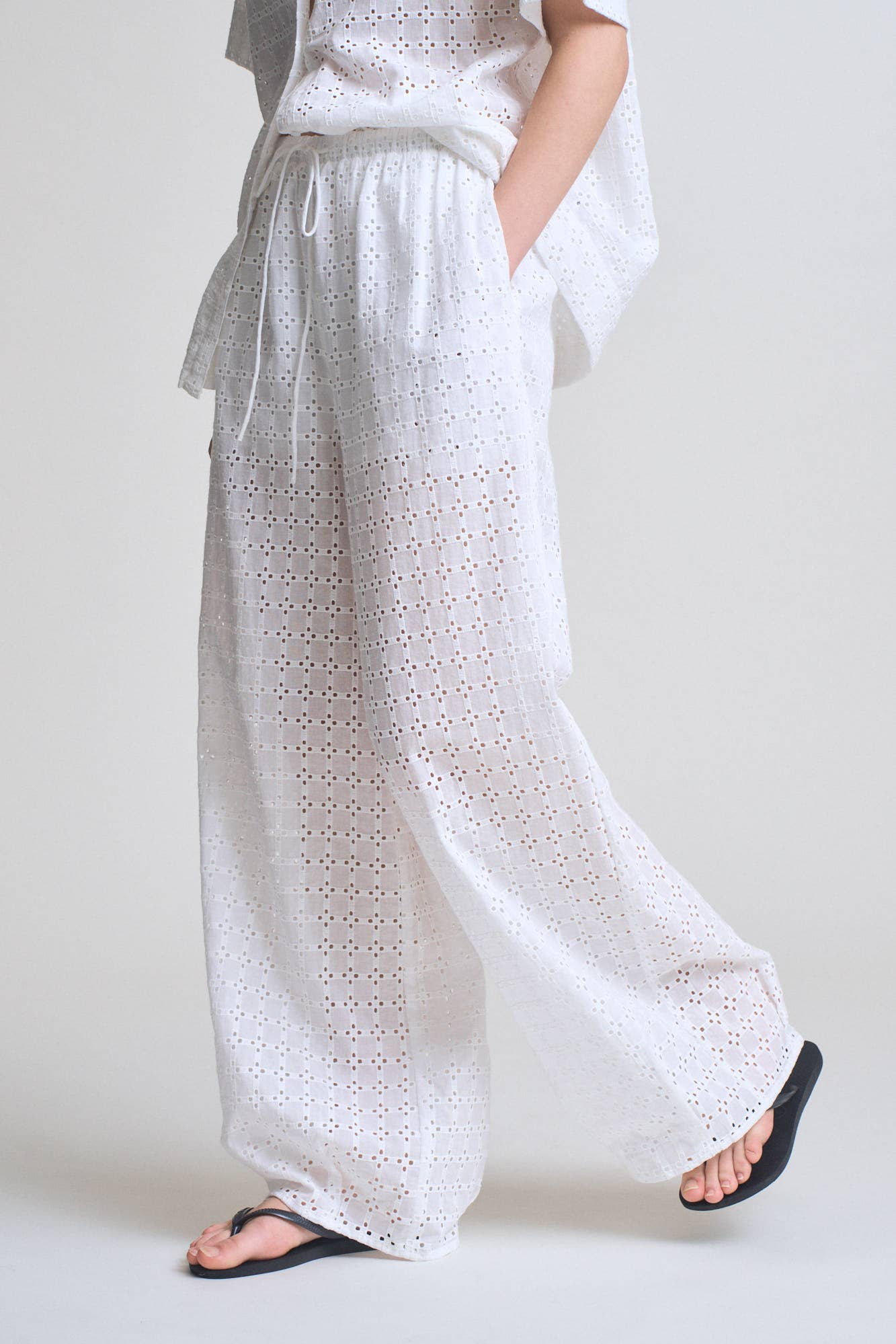 White Square Eyelet Relaxed Pants