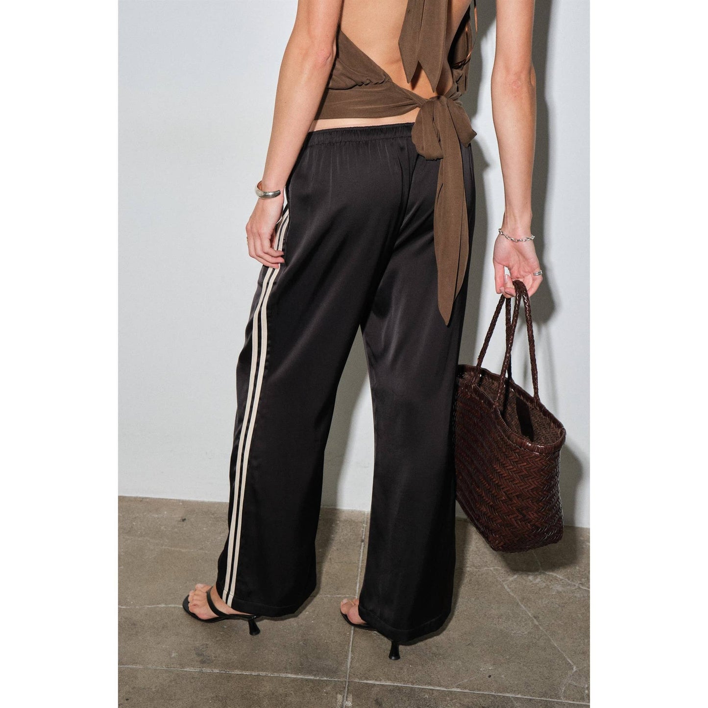 Black Satin Cream Stripe Track Pants