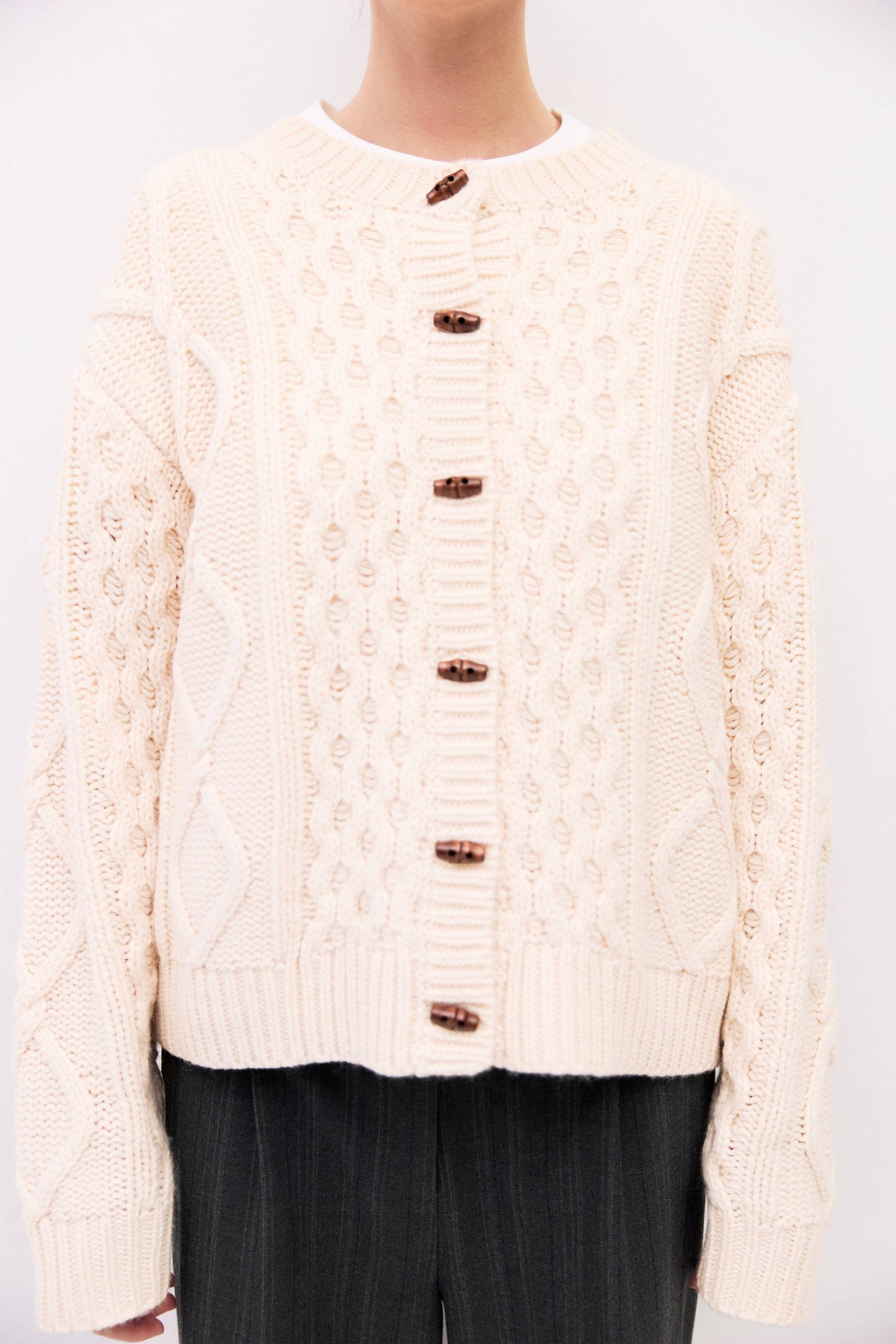 Cable Knit Wooden Toggle Cardigan Sweater