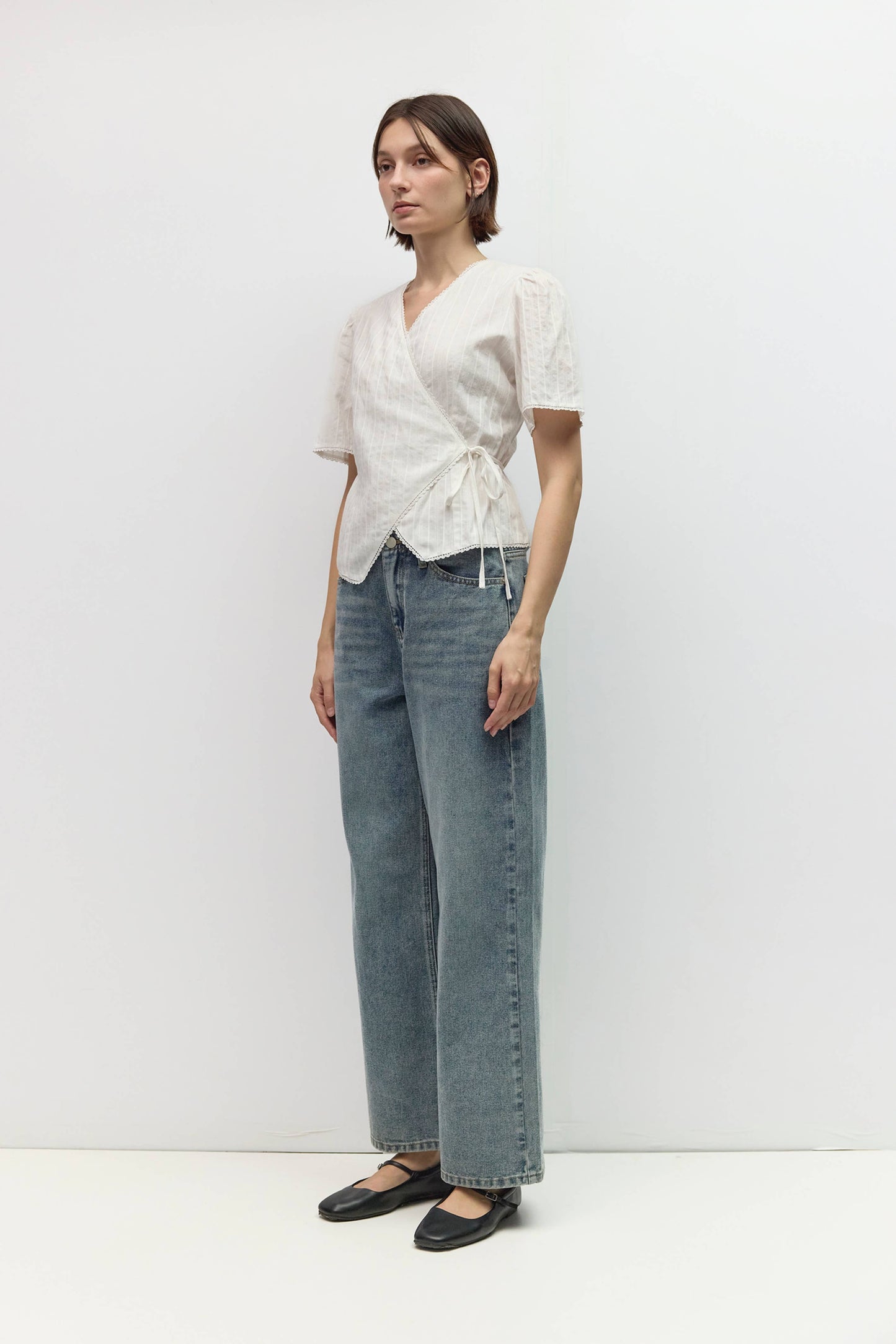 White Embossed Stripe Cotton Wrap Blouse