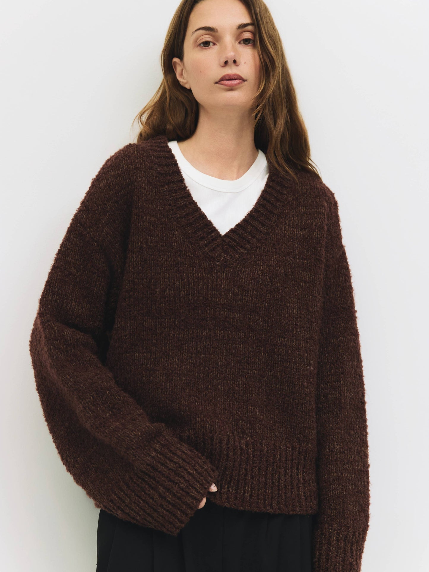 Brown Boucle Knit V-Neck Sweater