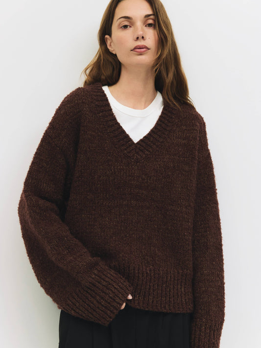 Brown Boucle Knit V-Neck Sweater
