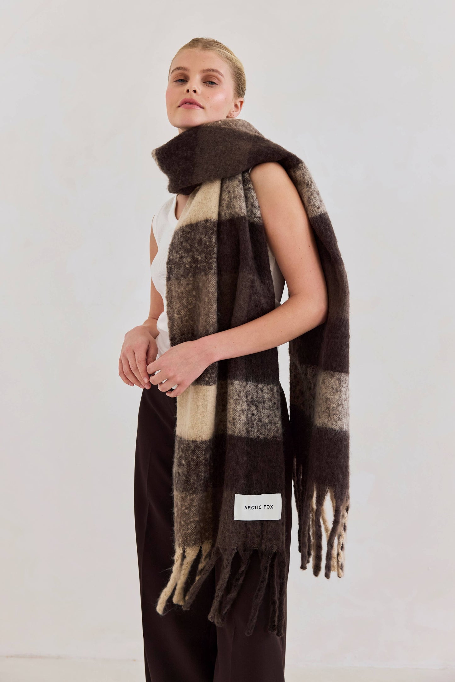 Brown Brushed Plaid Oversized Scarf
