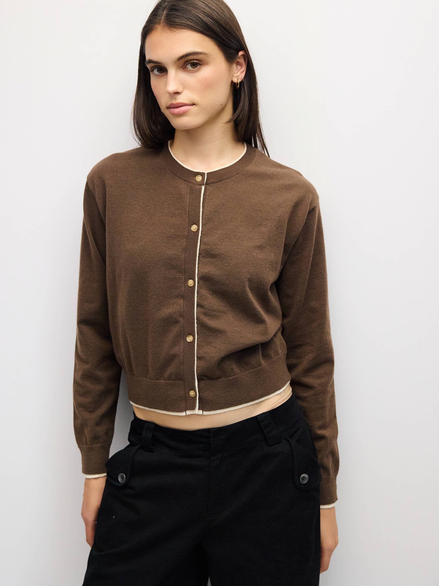 Contrast Trim Brown/Cream Cardigan