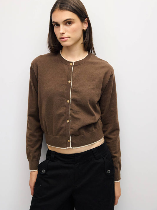 Contrast Trim Brown Cream Cardigan