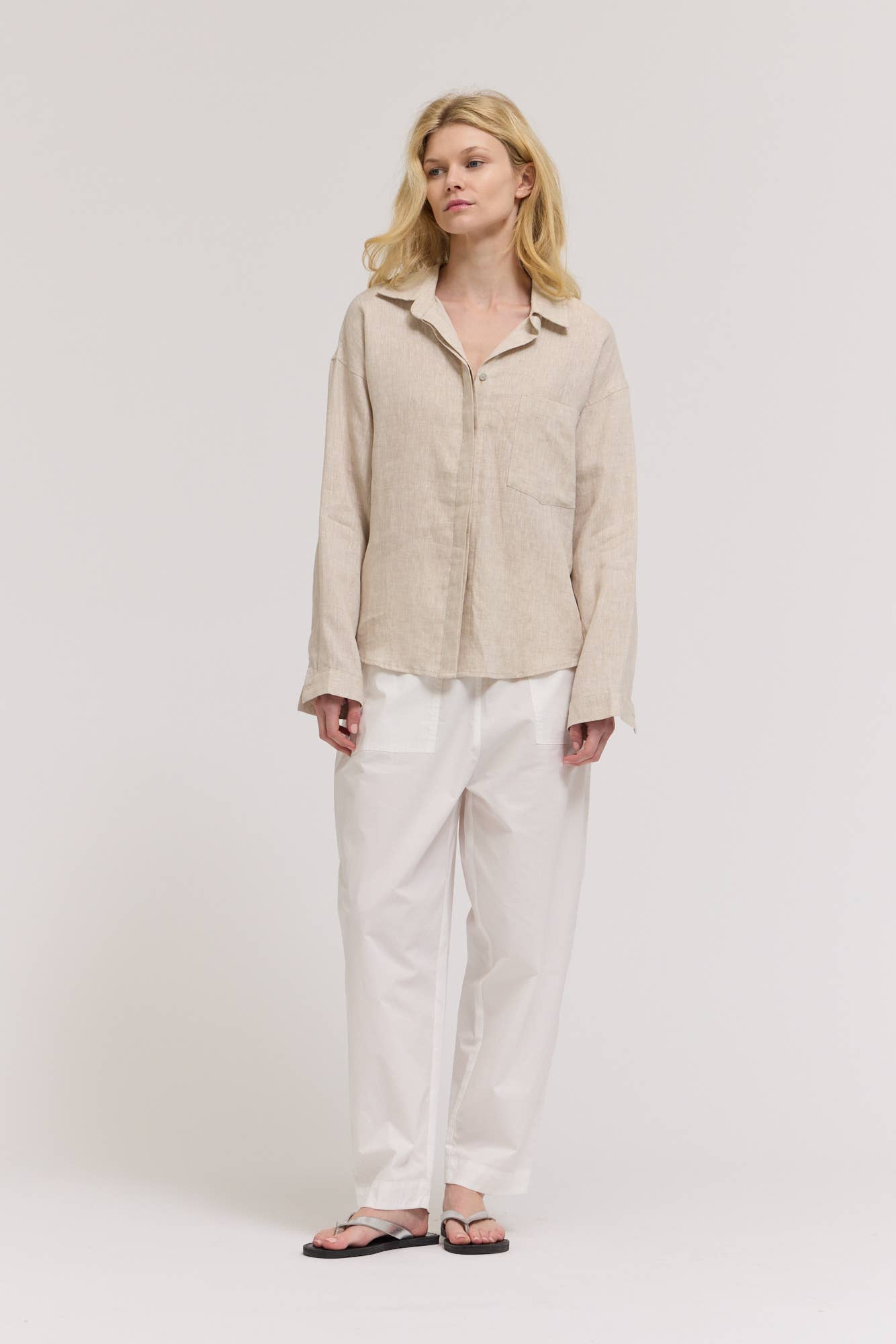 Open Collar Linen  Button-Up Shirt