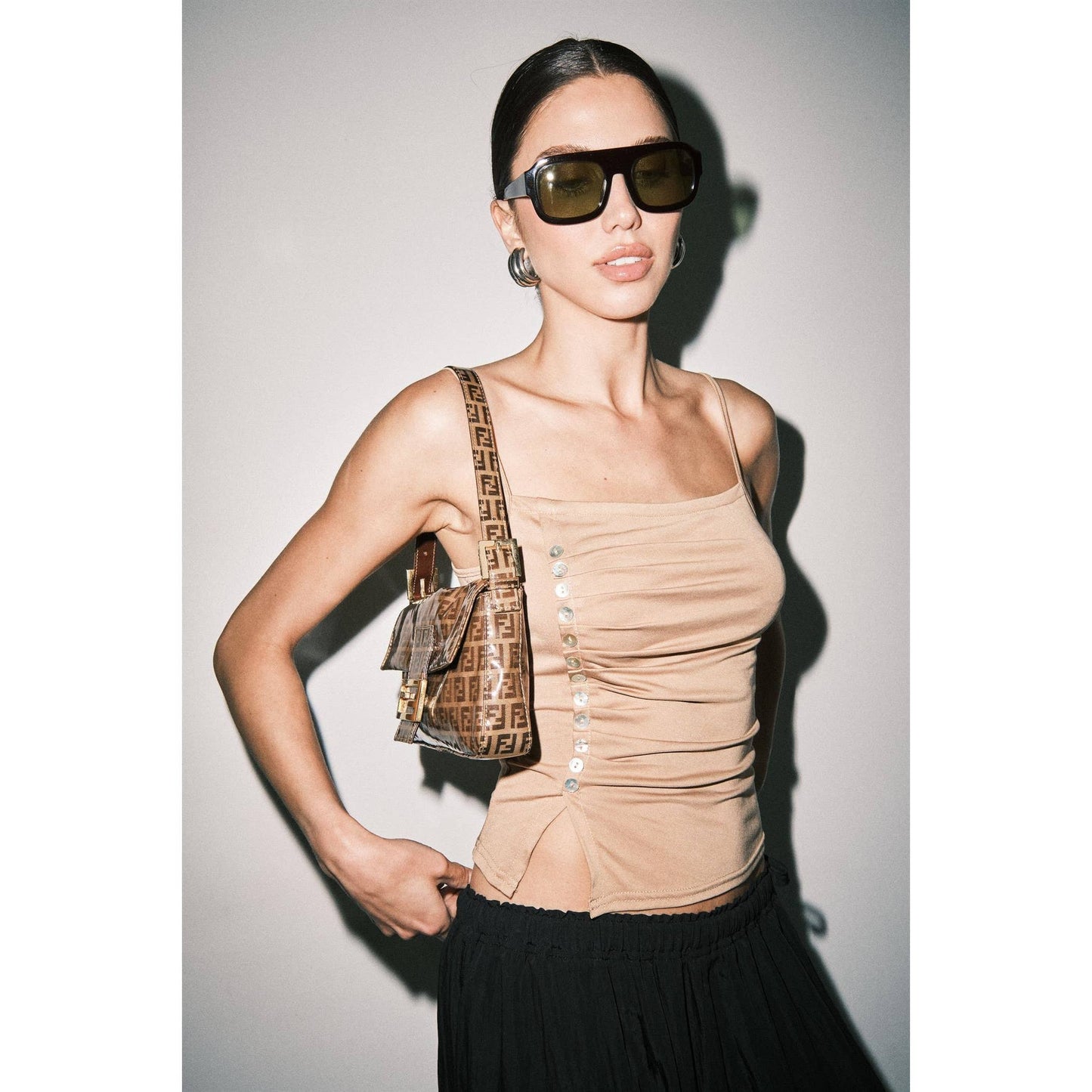 Tan Ruched Jersey Button Detail Cami Top
