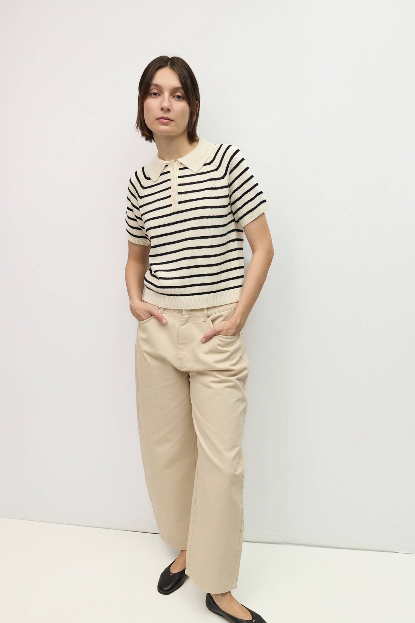 White Black Striped Short Sleeve Knit Collared Top