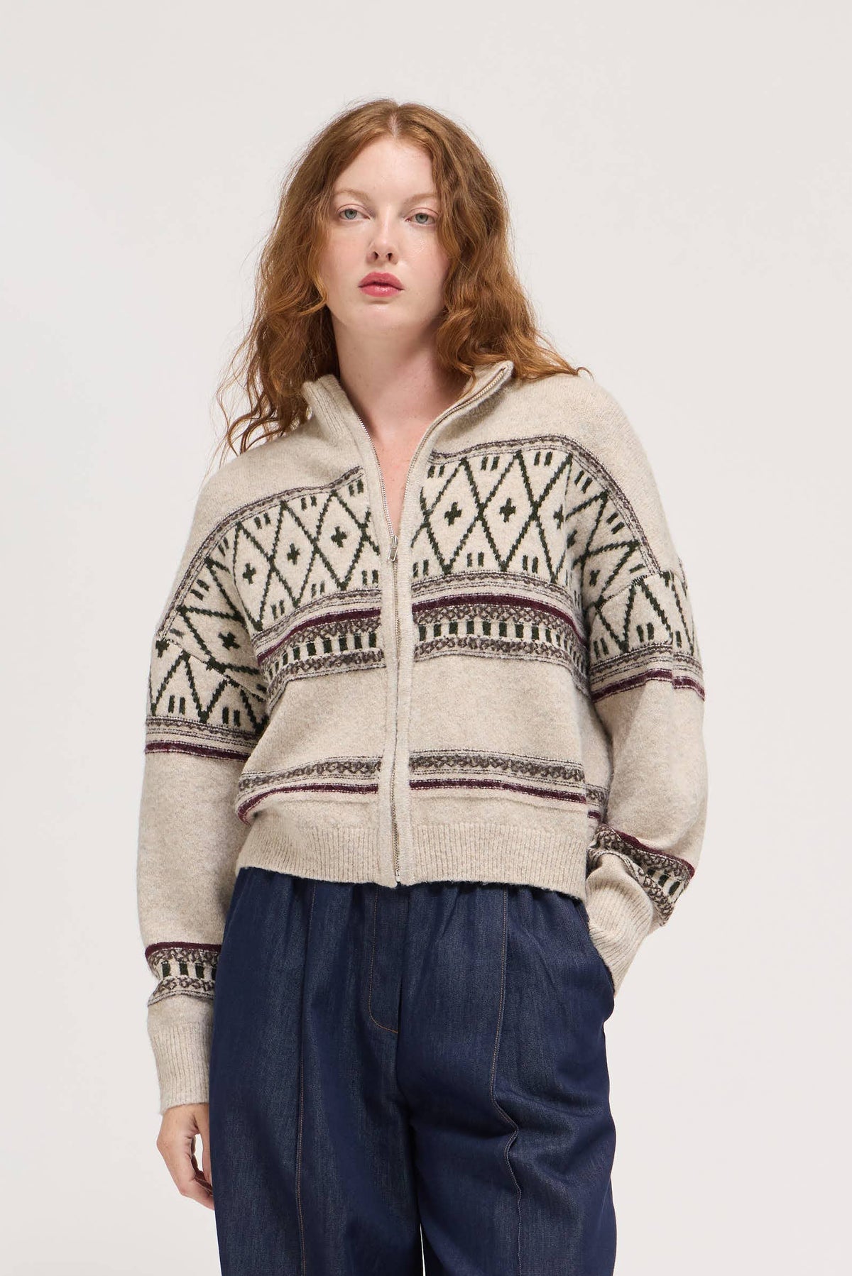 Oatmeal Patterned Zip-Up Sweater Jacket