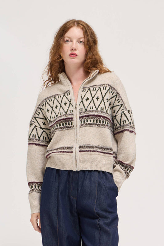 Oatmeal Patterned Zip-Up Sweater Jacket