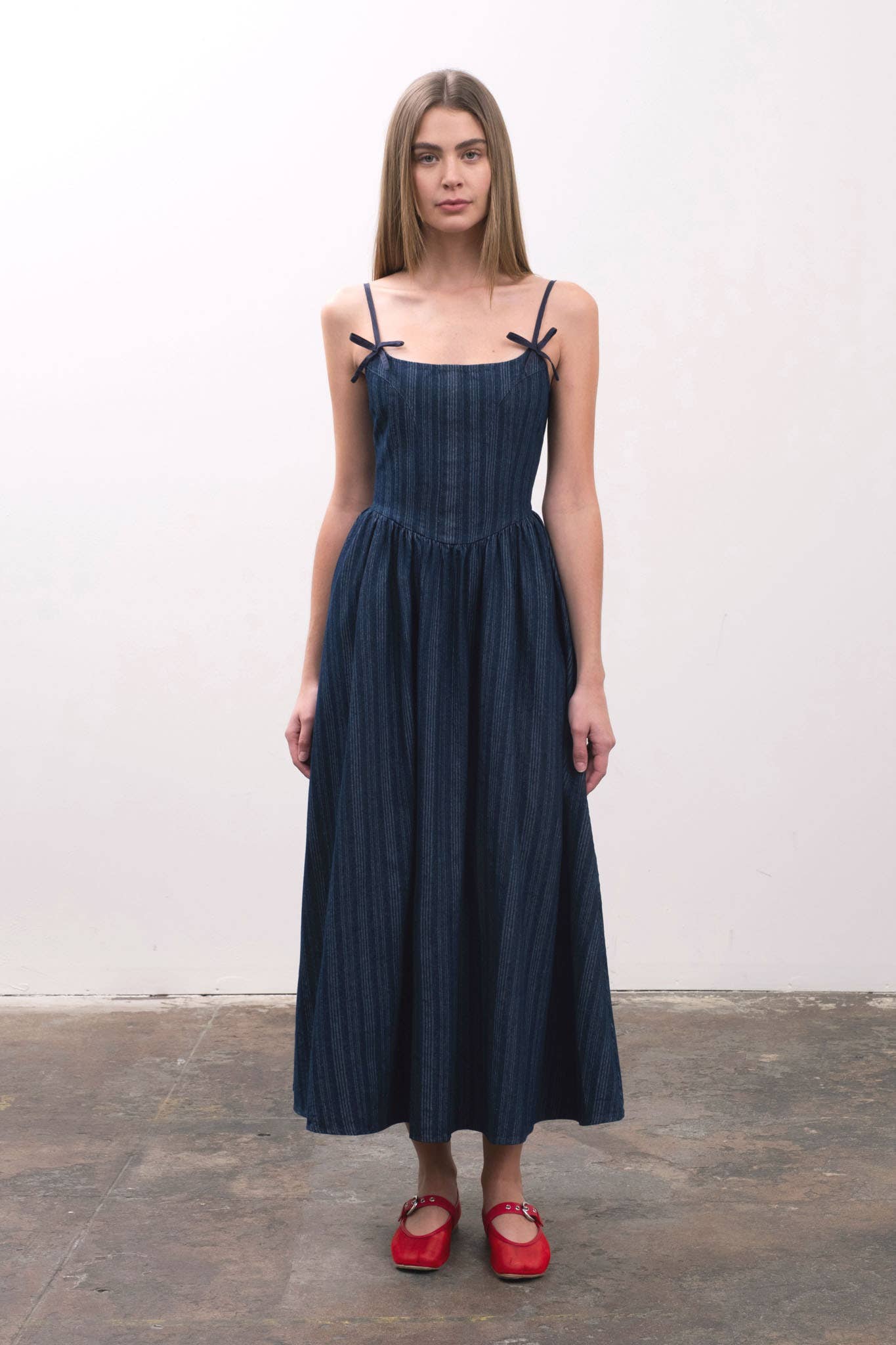 Denim Tonal Stripe Bow Detail Corset Miidi Dress