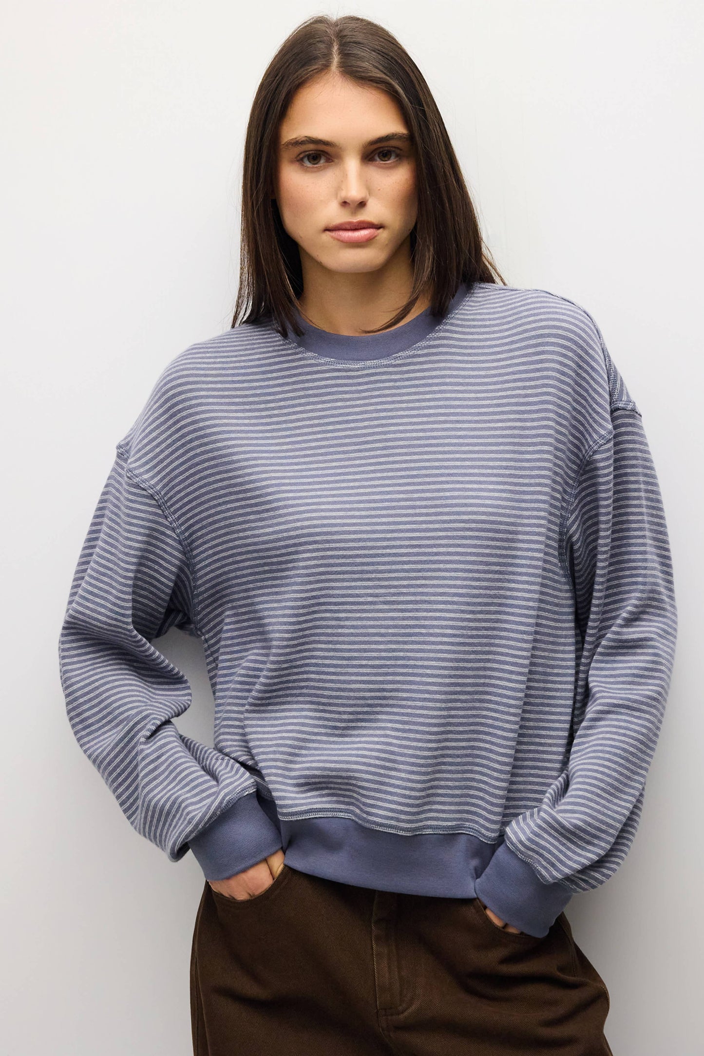 Stripe Crewneck Drop Shoulder Jersey Top