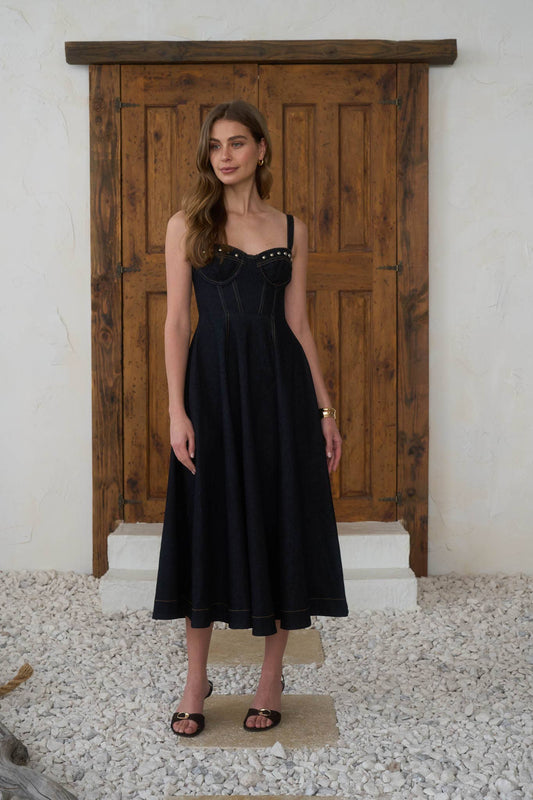 Studded Corset Denim Midi Dress