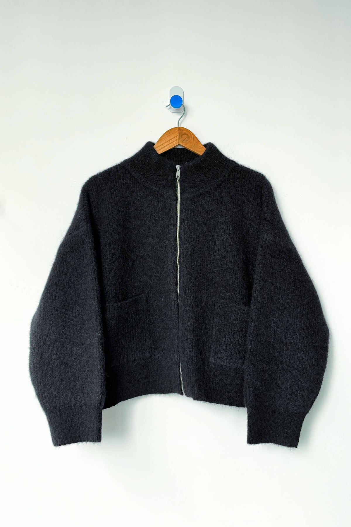 Black Alpaca Zip Front Sweater Jacket