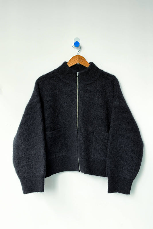 Black Alpaca Zip Front Sweater Jacket