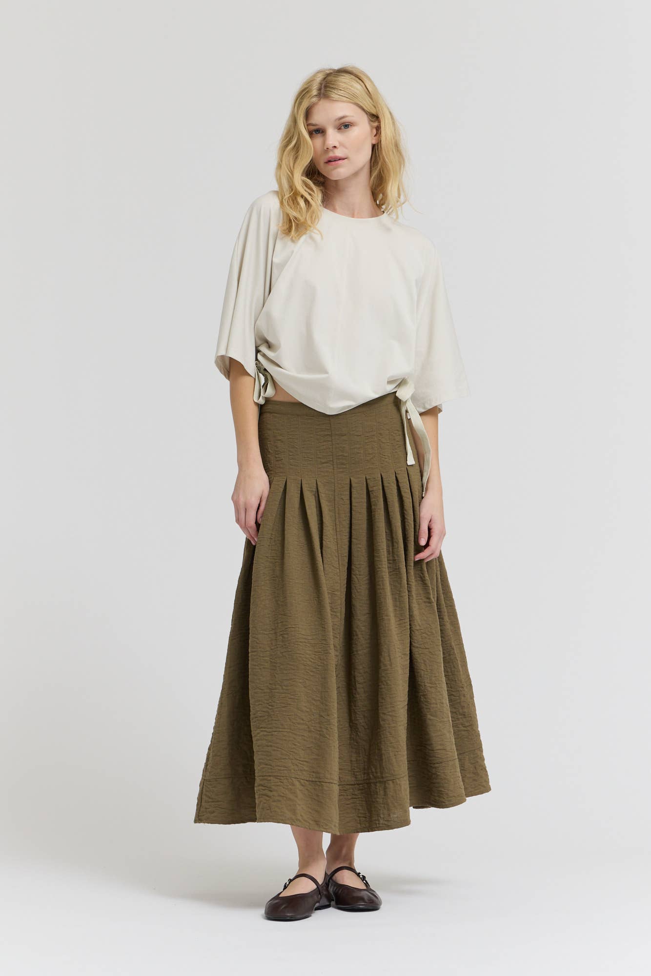 Olive Pintuck Waist Mermaid Skirt
