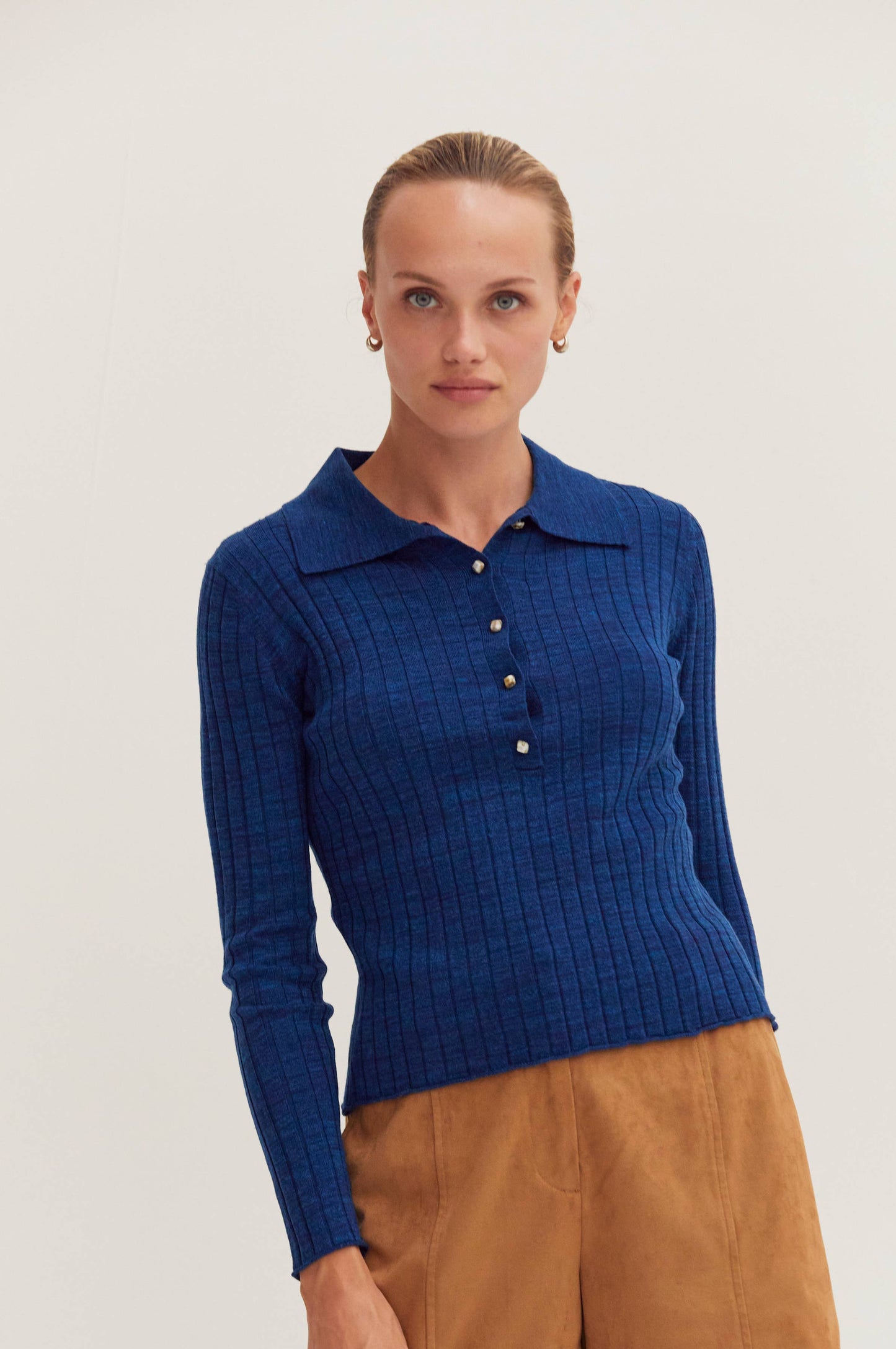 Blue Ribbed Long Sleeve Polo Sweater